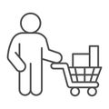 Buyer with trolley of goods thin line icon, market concept, man holding shopping cart with purchases sign on white Royalty Free Stock Photo