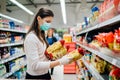 Buyer wearing a protective mask.Shopping during the pandemic quarantine.Nonperishable smart purchased household pantry groceries Royalty Free Stock Photo