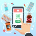 Buyers hand selects and buys drugs and medications on cell phone screen. Online pharmacy app vector concept