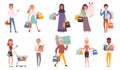 Buyers. Retail supermarket buyers with shopping bags shopaholic persons nowaday vector characters