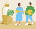 Buying an apartment, couple with a key, vector stock illustration with renting a room or real estate on a mortgage