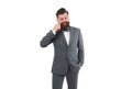 Buying bespoke suit. custom tailored suit for him. happy man touch moustache. business suits on any occasion. ready for Royalty Free Stock Photo