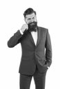 Buying bespoke suit. custom tailored suit for him. happy man touch moustache. business suits on any occasion. ready for Royalty Free Stock Photo