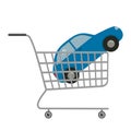 `Buying a car` concept with a blue car in the shopping cart