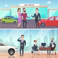 Buying car. Sell and rent auto in car exhibition advertising banners concept vector characters