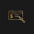 Buying, check gold icon. Vector illustration of golden particle background