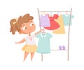 Buying clothes. Girl and dress, clothes rack. Cartoon child in fashion store choosing new look vector illustration