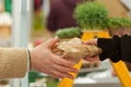 Buying food at Prague farmers street food market.