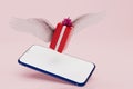 buying gifts online. smartphone and a gift flying on wings on a pink background. 3d render