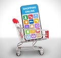 Buying goods online. Smartphone with mobile store app selling different household goods in shopping cart, collage Royalty Free Stock Photo