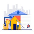 Buying a home, real estate on credit concept with tiny character. People sign agreement and pay interest flat vector illustration Royalty Free Stock Photo