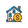 Buying house. Money dollars. Vector color icon.