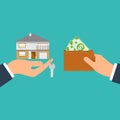 Buying house. Agent of real estate holding in hand house, key. Buyer, customer gives money bag. Deal sale and purchase Royalty Free Stock Photo