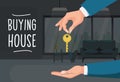 Buying house. Home keychain to a buyer. Modern style vector illustration on room background Royalty Free Stock Photo