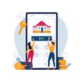 Buying a house online vector illustration. Couple touching the button on smartphone screen, buy a home paying online