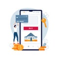 Buying a house online vector illustration. Man buys a home paying by credit card. Dealing house, property digital web