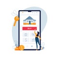 Buying house online. Woman buys real estate, touches the button on phone screen. Concept of mortgage loan or purchase of