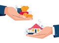 Buying a house vector illustration. Buyer brings money for home purchase dealing. Seller gives house to a customer. Deal