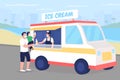 Buying ice cream on beach during pandemic flat color vector illustration