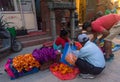 Buying Marigold Flowers for Tihar Deepawali festival and Newari New Year in Kathmandy Royalty Free Stock Photo