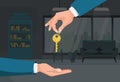 Buying a new house. Home keychain hand to hand. Vector illustration in modern style on room background Royalty Free Stock Photo