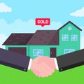 Buying new house on sale. Two hands shaking,