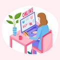 Buying online concept, woman orders goods on the internet and pay by card, shopping from home, vector illustration