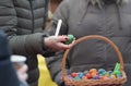 Buying painted eggs, traditional Easter decoration in the Czech Republic Royalty Free Stock Photo