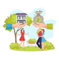 Buying property house real estate to young family vector illustration. Happy clients have bought house and receive keys Royalty Free Stock Photo