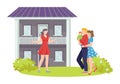Buying property house real estate to young family vector illustration. Happy clients have bought house and receive keys Royalty Free Stock Photo