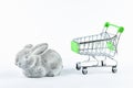 Buying rabbit trading concept. Shop online. Basket and rabbit on a white background. Healthy eating concept. Business concept Royalty Free Stock Photo