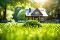 Buying real estate in rural areas. Green grass lawn with a blurred house on background Royalty Free Stock Photo