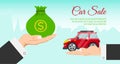 Buying or renting new or used red car banner vector illustration. Car in buyer hand. Car sale. Modern flat style selling Royalty Free Stock Photo