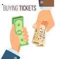 Buying And Selling Tickets Vector. Hands Holding Money And Two Tickets. Buying Tickets For Cinema, Party, Zoo, Circus Royalty Free Stock Photo