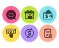 Buying, Smile and Delivery boxes icons set. Wallet, Usd exchange and Accounting checklist signs. Vector