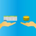 Buying ticket for money concept. Hand holding tickets and another hand holding money bills. Royalty Free Stock Photo