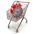 Buying time concept with clock and shopping cart