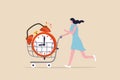 Buying time to delay or gain more time to do something, time is money, young adult woman buying time with big alarm clock in Royalty Free Stock Photo