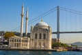 Buyuk Mecidiye Mosque or Ortakoy Mosque with Bosphorus Bridge