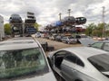 Buzau, Romania - September 12, 2022: Old wrecked cars in junkyard waiting to be shredded in a recycling park at Bacau in Royalty Free Stock Photo