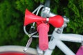 Buzzer on the bike. red in retro style. on a white bike. pedestrian safety and warning concept. Red horn, horns, buzzer, beep Royalty Free Stock Photo