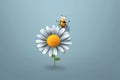 Buzzing beauty, Illustration of a bee near a daisy flower on a serene blue background. Royalty Free Stock Photo