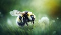 Buzzing Beauty: A Vibrant Bumblebee on a flower in grass on a Sunny Day, Generative AI