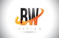 BW B W Letter Logo with Fire Flames Design and Orange Swoosh.