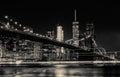 BW photo Brooklyn Bridge and Manhattan Skyline Night, New York City Royalty Free Stock Photo