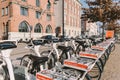 Bycyklen. Electric rental bikes in Copenhagen. row of Bycyklen bicycles. Public electric bikes for rent parked in Copenhagen