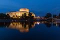 Bydgoszcz by night.  The modern Opera Nova building reflecting in the Brda River.  August 2019 Royalty Free Stock Photo