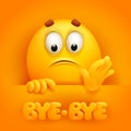 Bye-bye card. Cute emoji cartoon character on yellow backround