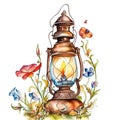 Bygone Era: Watercolor Oil Lamp and Lavender Fields