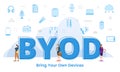 byod bring your own devices concept with big words and people surrounded by related icon with blue color style